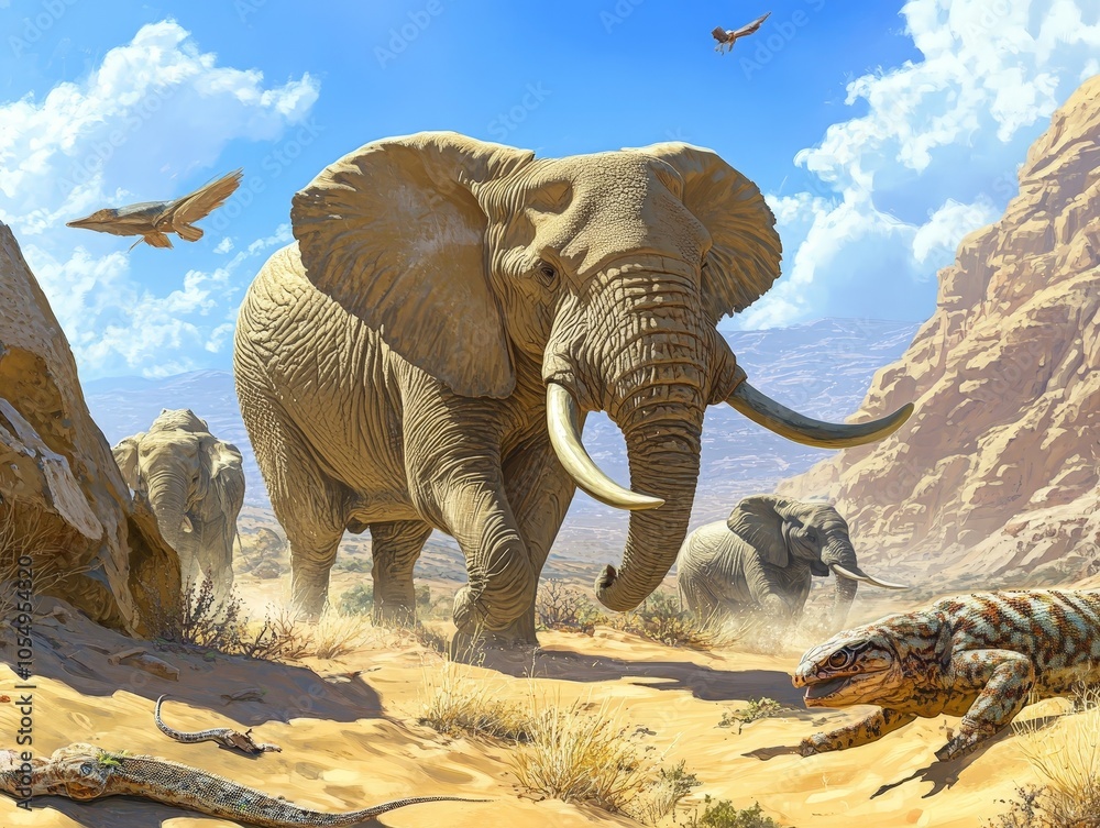 Fototapeta premium Conservationists working in arid regions to protect species adapted to extreme environments, such as desert elephants and reptiles.