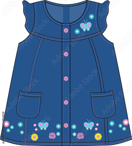 girls denim frock flower  with butterfly  print vector design