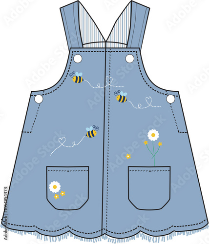 girls denim frock flower with hey bee print vector design