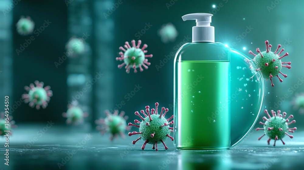 Hand Sanitizer Bottle with Glowing Shield: A bottle of hand sanitizer with a glowing shield surrounding it, and germs dissolving as they approach, emphasizing hygiene as germ protection.
Hand Sanitizer Bottle with Glowing Shield: A bottle of hand sanitizer with a glowing shield surrounding it, and germs dissolving as they approach, emphasizing hygiene as germ protection.
