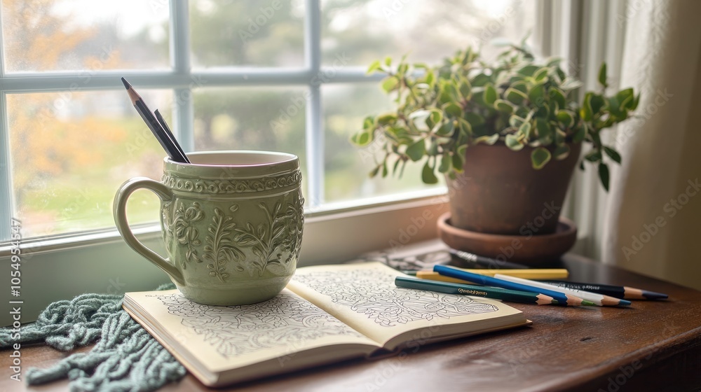 Cozy Workspace with Sketchbook and Green Plant