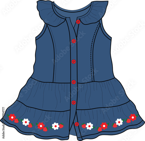 girls denim frock outline sketching  flower print vector design