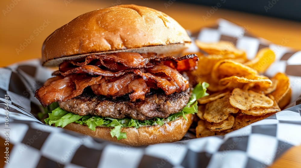 custom made wallpaper toronto digitalClose-up of a juicy burger with crispy bacon and a side of potato chips.
