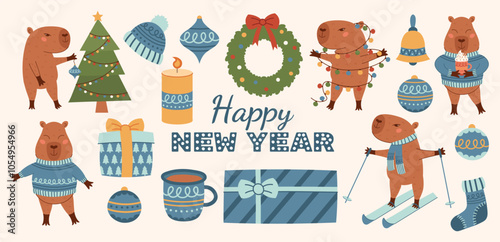 Christmas capybara and winter new year elements collection. Capybara with Christmas tree, garland, skiing in warm clothes. Wreath, gift box, tree toys, candle, sock, hat set. Vector illustration.