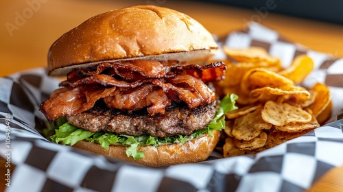 Wallpaper Mural Close-up of a juicy burger with crispy bacon and a side of potato chips. Torontodigital.ca