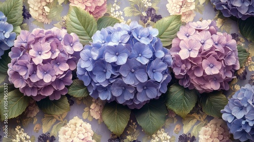 Wallpaper Mural Close-up of Blue and Purple Hydrangeas with Green Leaves Torontodigital.ca