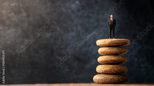 The balancing act of business a miniature executive standing on stones represents stability and growth in corporate life photo