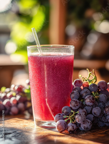 refreshing glass of grape juice sits on wooden table, surrounded by fresh grapes, basking in warm sunlight. vibrant purple color and natural setting evoke sense of tranquility