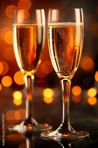 two glasses of champagne on dark background with light reflections