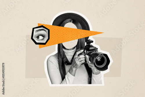 Composite trend artwork 3D sketch image photo collage of copyspace young lady faceless hold photocamerashooting spy eye vision security