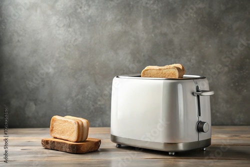 white and silver toaster on gray background with bread slices