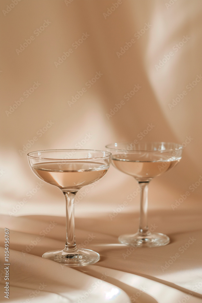 two coupe glasses with wine on simple beige background two coupe glasses with wine on simple beige background