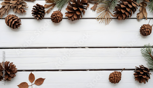 Rustic fall composition with scattered pine cones, dry leaves