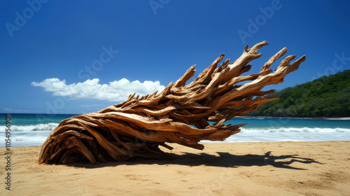 This stunning image features a unique driftwood formation on a sandy beach, framed by a vibrant blue sky and gentle ocean waves, capturing the beauty of natural artistry.