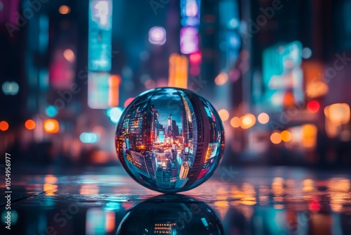 Crystal ball capturing a dynamic cityscape with neon lights and urban architecture at night