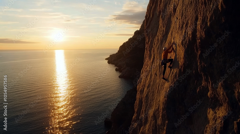 A climber ascends a rugged cliffside at sunset, capturing the thrilling blend of adventure and natural beauty. The sun casts a golden glow over the tranquil sea. A climber ascends a rugged cliffside at sunset, capturing the thrilling blend of adventure and natural beauty. The sun casts a golden glow over the tranquil sea.
