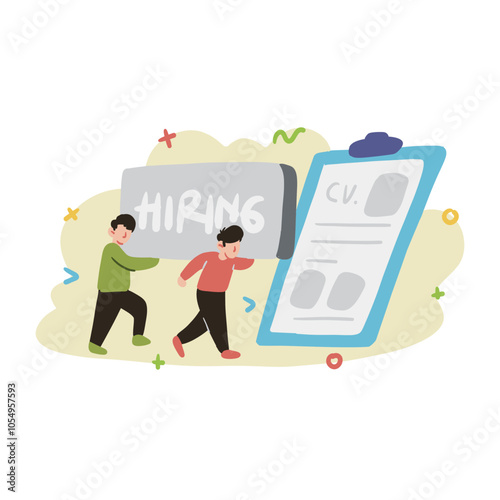 Two people in a professional setting holding a Hiring sign and CV clipboard. Perfect for job search, hiring, recruitment concepts.