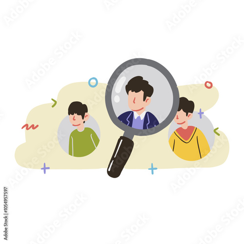 Three men focused on a highlighted magnifying glass, against a colorful background. Ideal for teamwork, collaboration, and problem solving concepts.