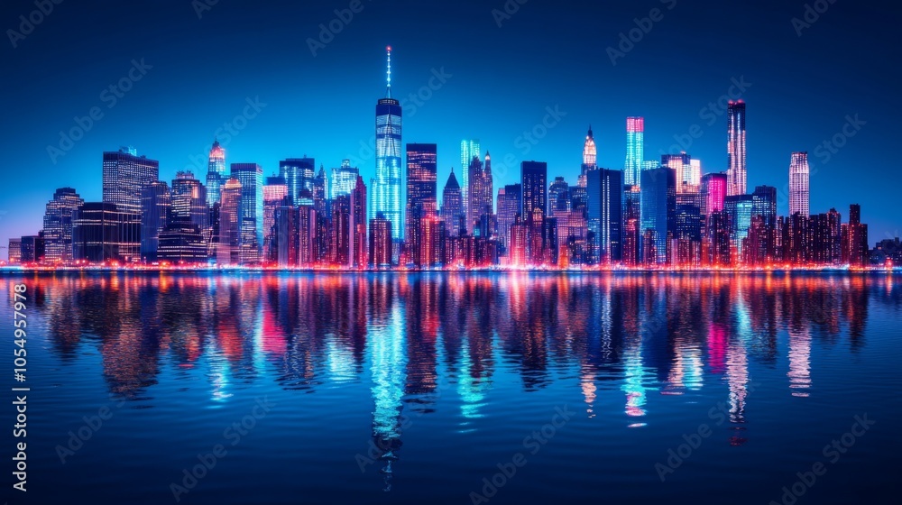 Fototapeta premium Vibrant Nightscape with City Reflections and Diffused Lighting