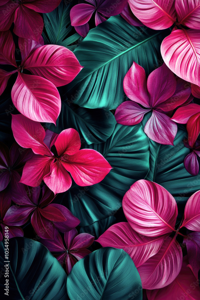 A stunning arrangement of rich teal and vivid pink leaves, creating a colorful and lush backdrop perfect for nature enthusiasts and decor lovers. A stunning arrangement of rich teal and vivid pink leaves, creating a colorful and lush backdrop perfect for nature enthusiasts and decor lovers.
