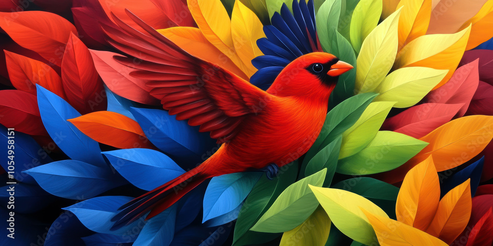 Obraz premium A stunning red cardinal takes flight against a backdrop of richly colored leaves, creating a lively contrast that celebrates nature's beauty and vibrancy.