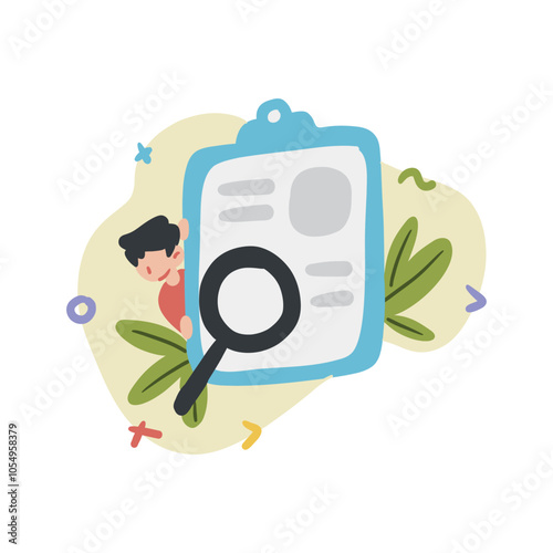 Person using magnifying glass on clipboard, perfect for research, investigation, data analysis concepts in business, education, or science related designs.