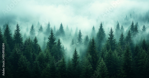 A serene evergreen forest with layered pines fading into a misty background, perfect for wellness retreats, nature-themed promotions, or calming decor.