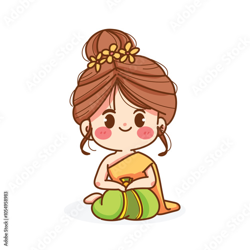 Girl in Thai dress sitting cross-legged hand drawn cartoon, vector illustration