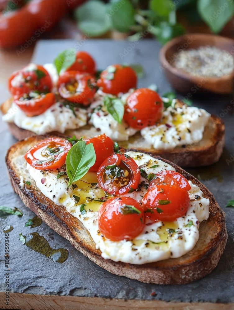 a bruschetta con burrata with tomatoes on a stone plate a bruschetta con burrata with tomatoes on a stone plate