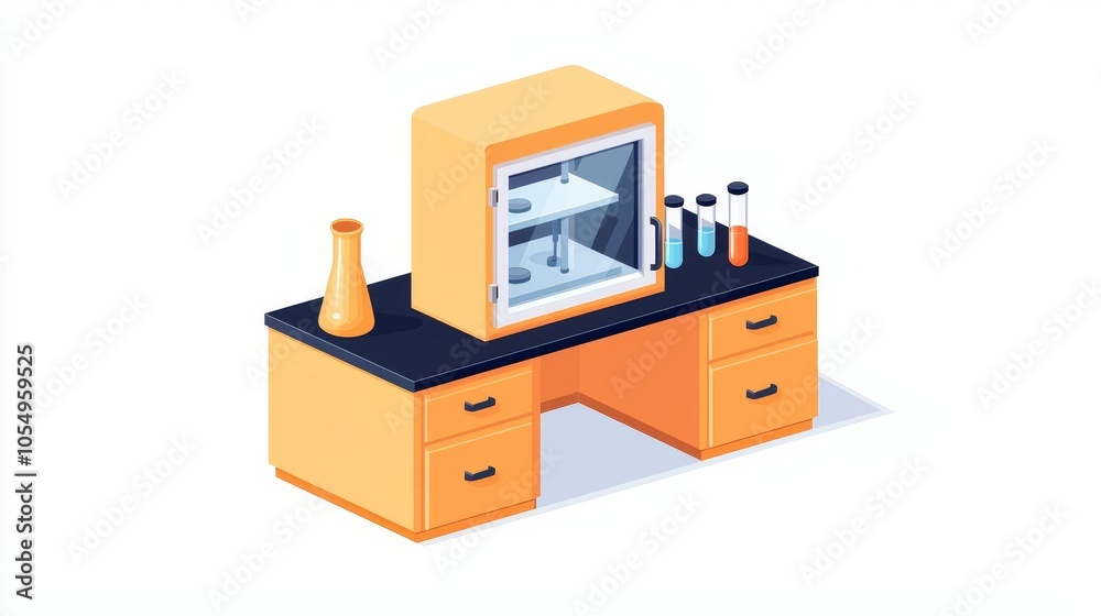 An illustration of a lab bench with glassware, a refrigerator, and test tubes, showcasing a modern scientific workspace. An illustration of a lab bench with glassware, a refrigerator, and test tubes, showcasing a modern scientific workspace.