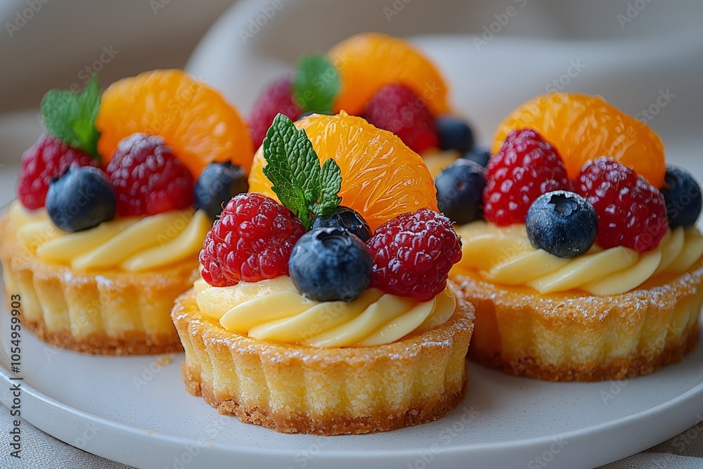 small fruit tarts with yellow cream and berries on top - food photography small fruit tarts with yellow cream and berries on top - food photography