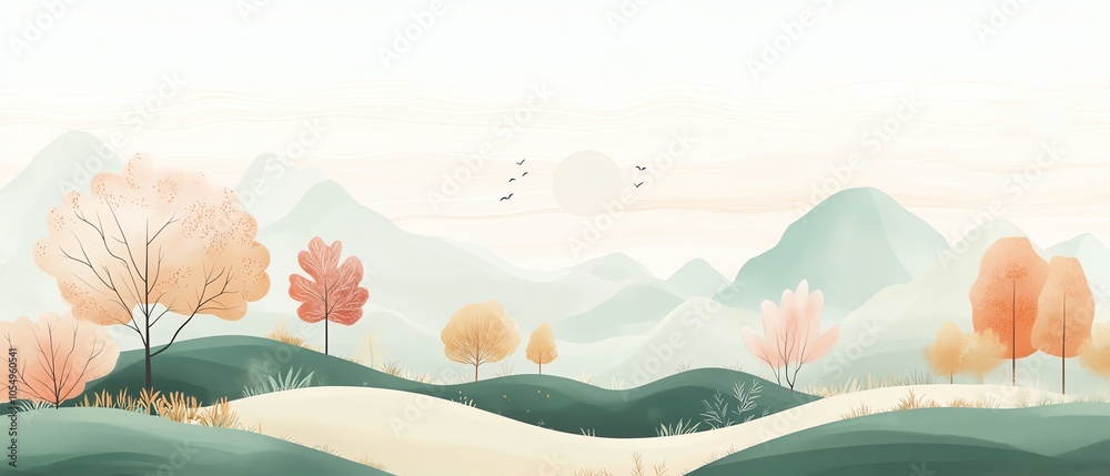 Serene landscape with gentle hills and trees Serene landscape with gentle hills and trees