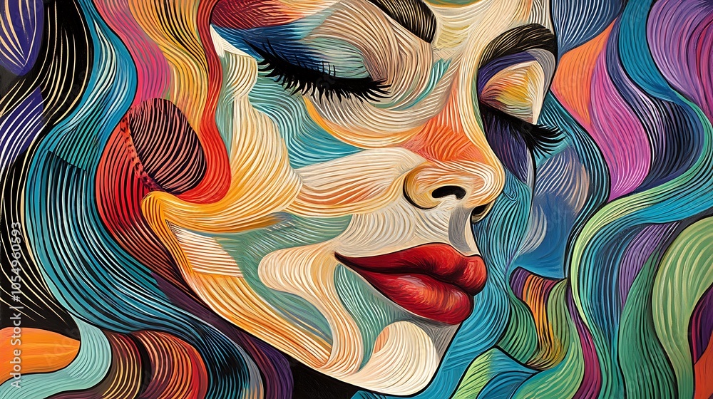 An abstract colorful painting of a woman's face with closed eyes and a red, full, and slightly parted lips. An abstract colorful painting of a woman's face with closed eyes and a red, full, and slightly parted lips.