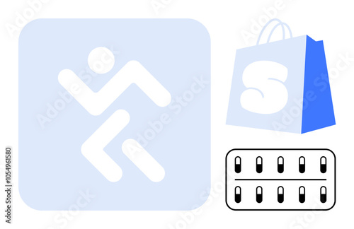 Running figure in a blue square, a blue shopping bag with white S, and a black and white battery icon. Ideal for fitness, shopping, electronics, transportation, and energy themes. Simple, clean
