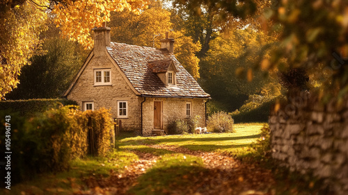 Autumn cottage in the English countryside style, old village architecture, autumnal nature beauty