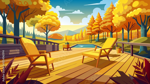 The chairs on the deck are made of wood, and the cushions are yellow. The view is of autumn trees from the deck.
