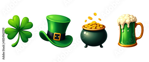 St. Patrick's Day Icons PNG: Shamrock, Hat, Pot of Gold, Beer photo