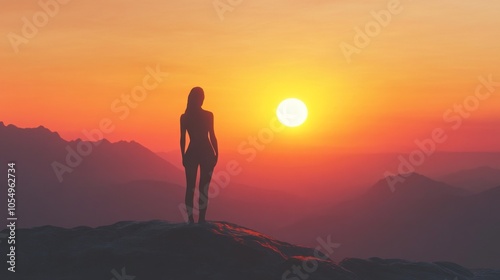 A woman stands on a mountain top, looking out at the sun as it sets