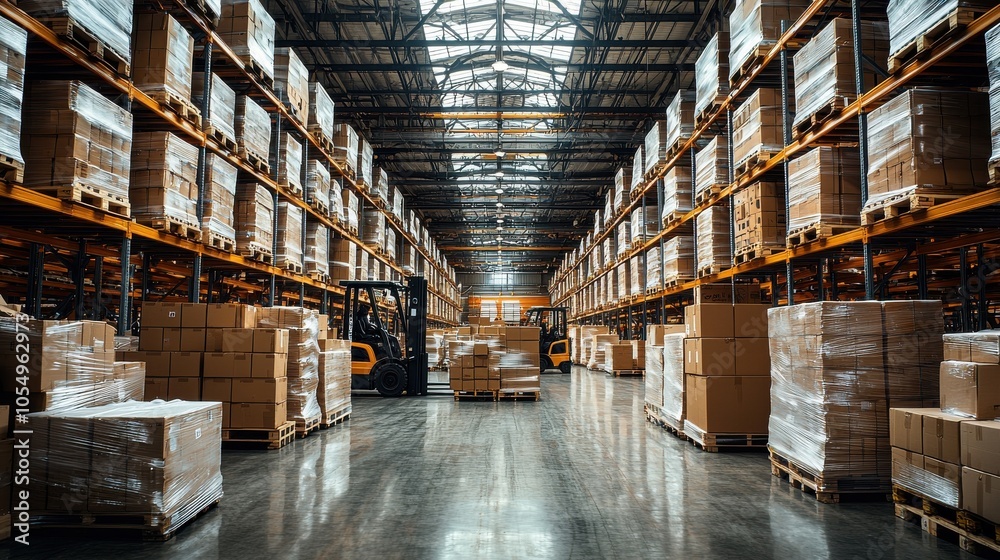 Large industrial warehouse filled with stacked pallets and forklifts operating under natural light Large industrial warehouse filled with stacked pallets and forklifts operating under natural light