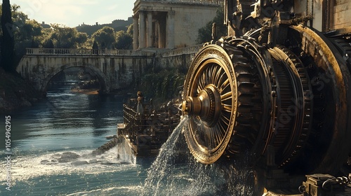 Archimedes Screw Mechanism Lifting Water in Ancient Greek Classical Architectural Riverside Landscape photo