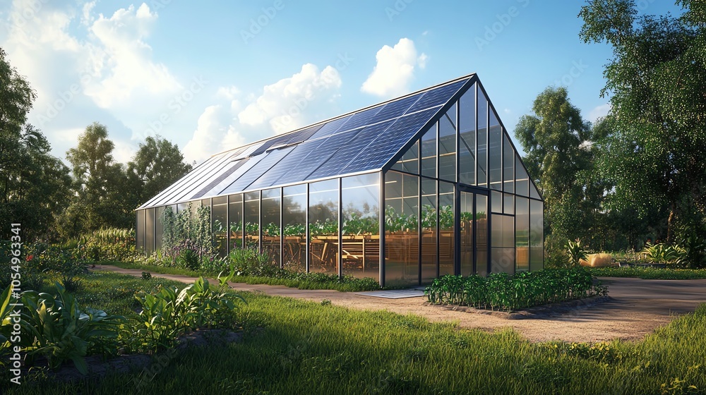 Modern greenhouse with solar panels in a sunny garden setting, showcasing sustainable agriculture and eco-friendly technology. Modern greenhouse with solar panels in a sunny garden setting, showcasing sustainable agriculture and eco-friendly technology.