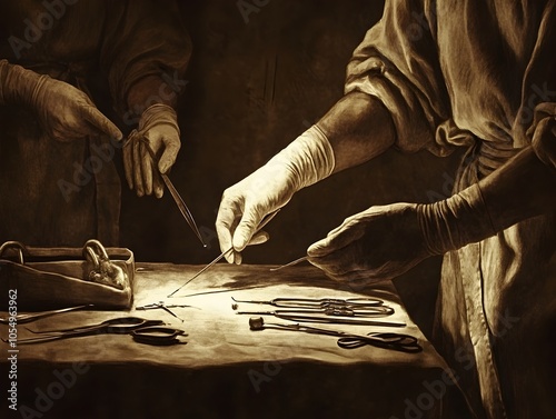 Skilled Surgeon s Hands Operating with Antique Medical Instruments in a Dimly Lit Antiquity Clinic