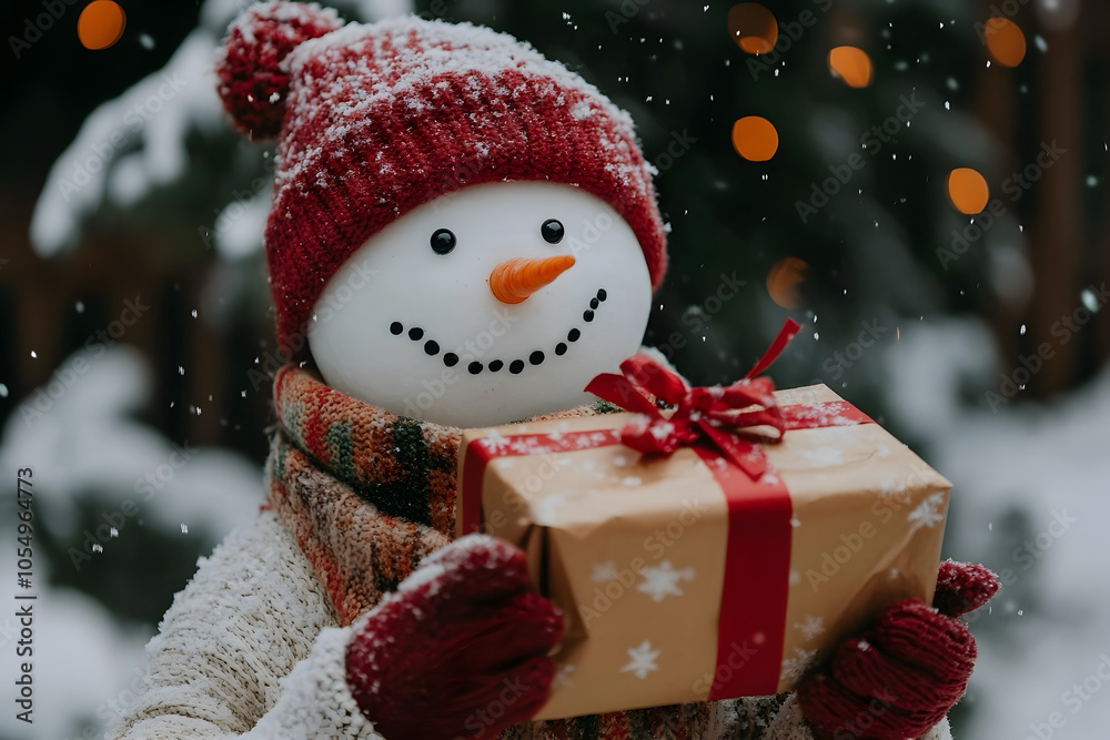 A funny snowman wearing a red hat and scarf holding a present with snow background