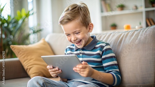 Happy Boy Playing Game On Digital Tablet