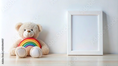 White blank frame with teddy bear and pastel toy rainbow on white desk long shot