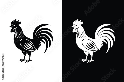 Rooster Silhouette Vector. Bold Farm Animal Icon in Black and White