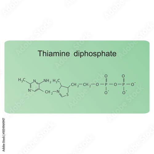 Thiamine diphosphate skeletal structure diagram.Vitamin B1 compound molecule scientific illustration.