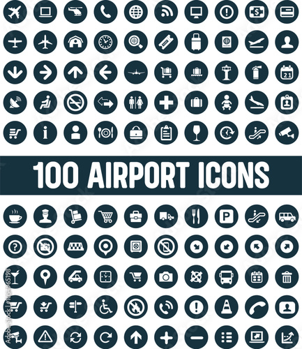 100 airport icons big universal set, a Collection Of 100 Departure Icons Set Isolated Solid Silhouette Icons, Including Terminal, Airport, Board, Departure, Flight, Travel,  Arrival Elements.