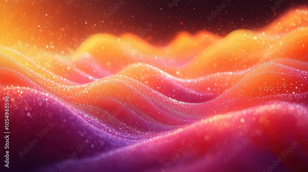 Vibrant waves of colored light sparkle against a dark background, creating an enchanting visual effect in a digital landscape Vibrant waves of colored light sparkle against a dark background, creating an enchanting visual effect in a digital landscape
