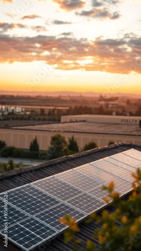 Olar cell panels on the rooftop of the buidling in countryside sunset background soft and selective focus solar panel Ultra realistic Photorealistic  photo